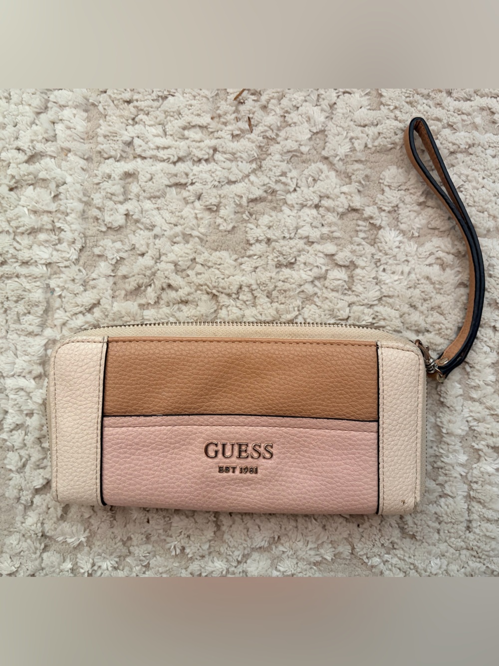 GUESS Colorblock Wristlet Wallet in Pink, Tan and Cream